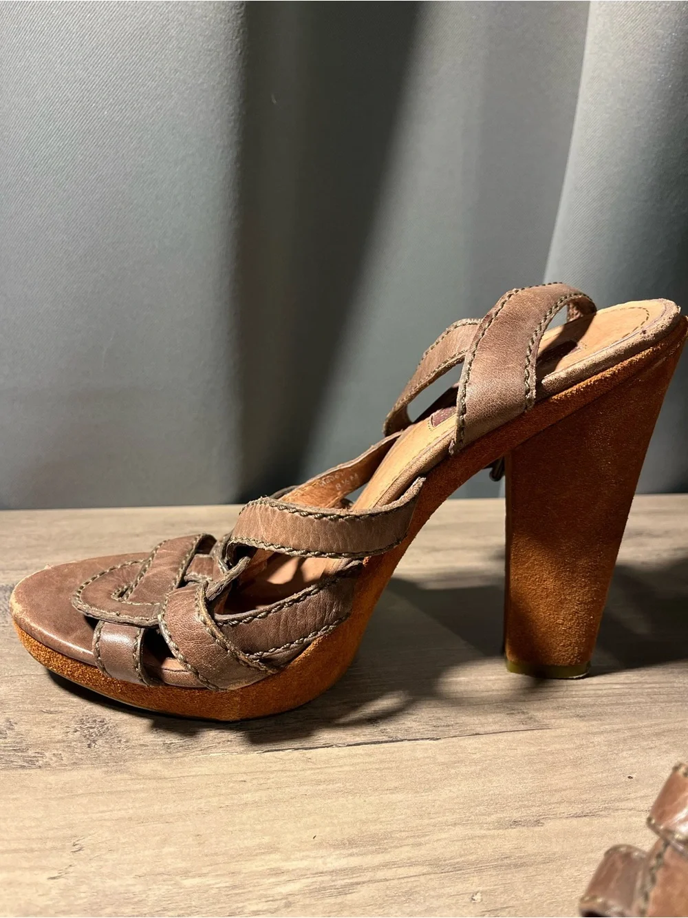 7 For All Mankind Brown Leather Strappy Platform Heels, size 8.5
